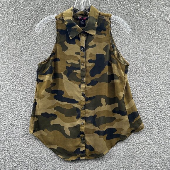 Body Central Womens Top Medium Green Camo Sleeveless Button Front Shirt Blouse - Picture 1 of 10